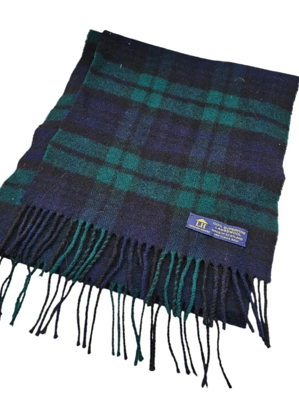 Vtg London House Scotland 100% Fine Lambswool Tartan Plaid Scarf Blue Green